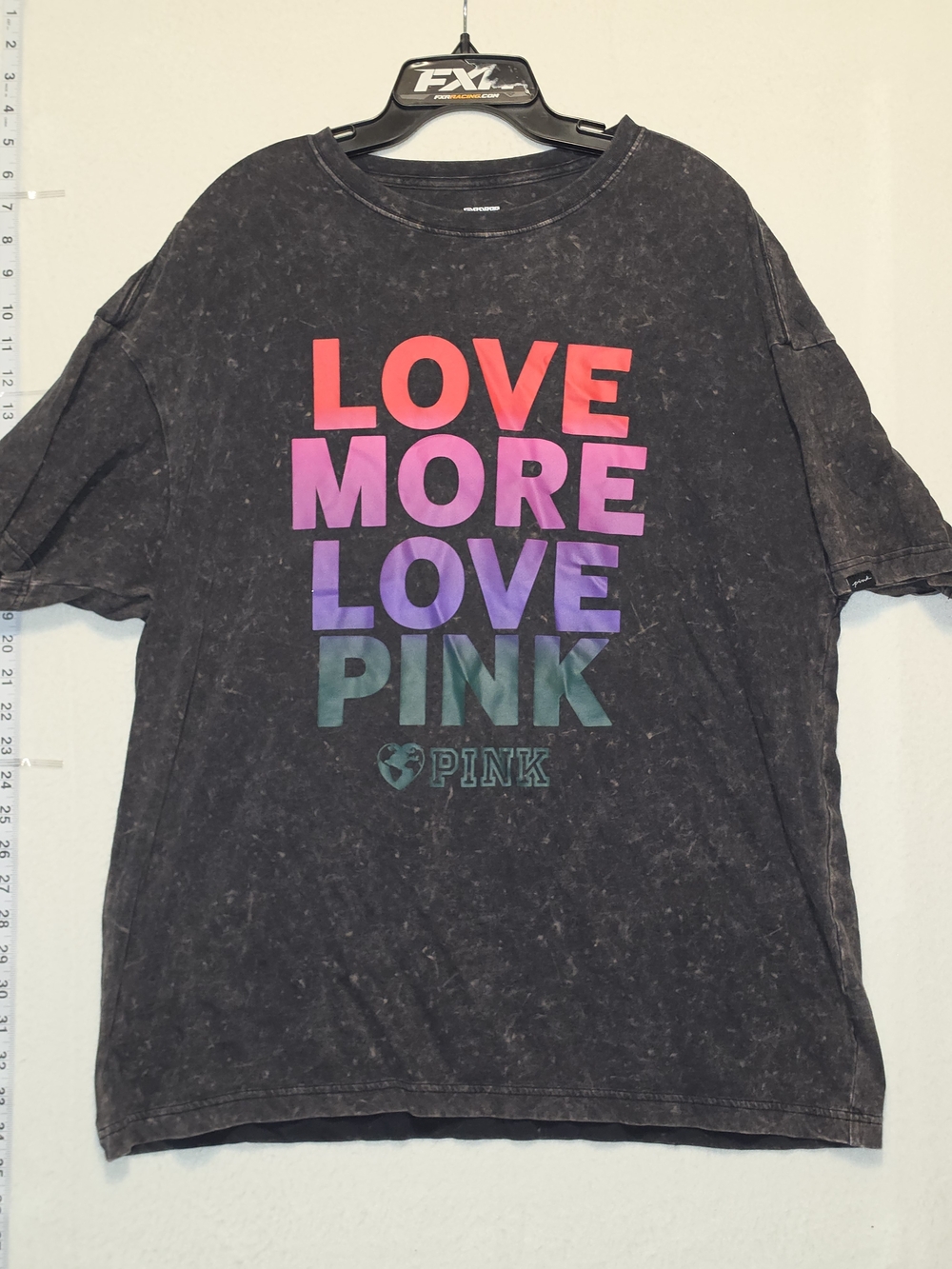 PINK Victoria's Secret Black Mineral Wash Tee with Rainbow Gradient Text